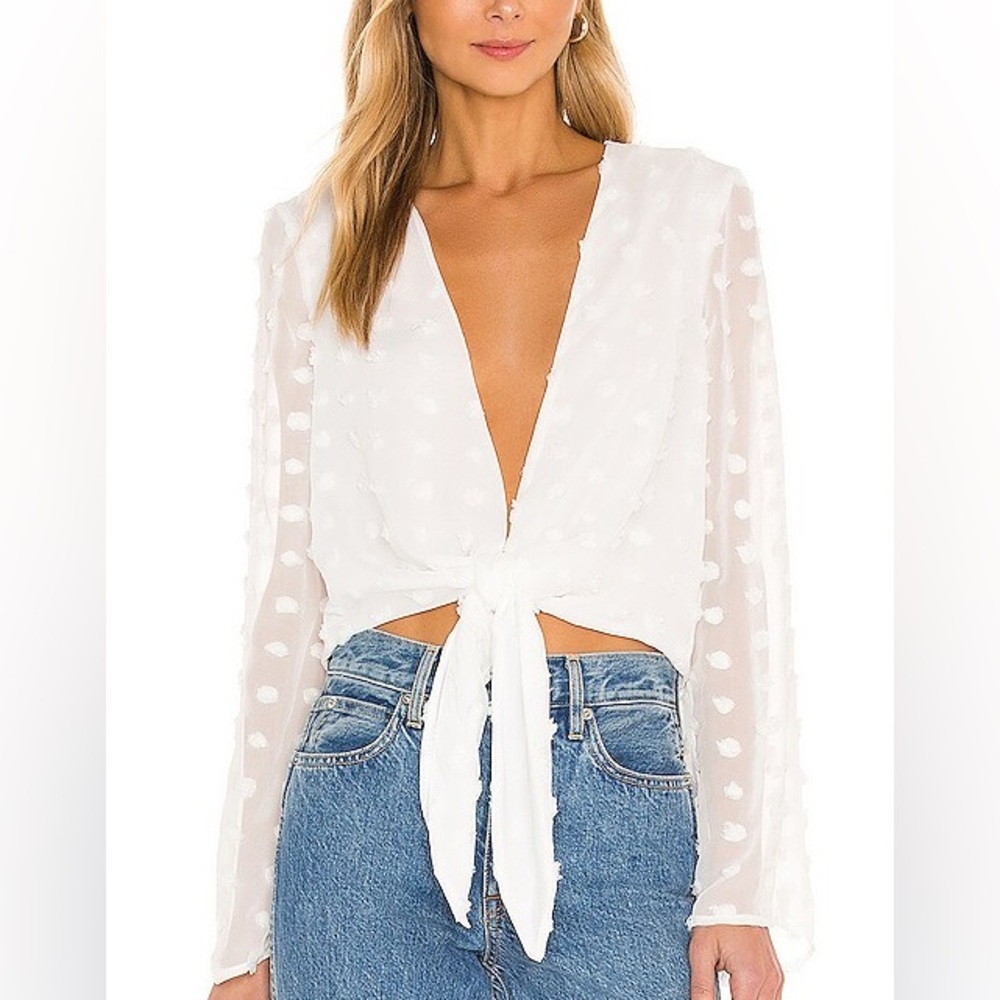 BCBG x Revolve White Flocked Dot Chiffon Blouse Sz M